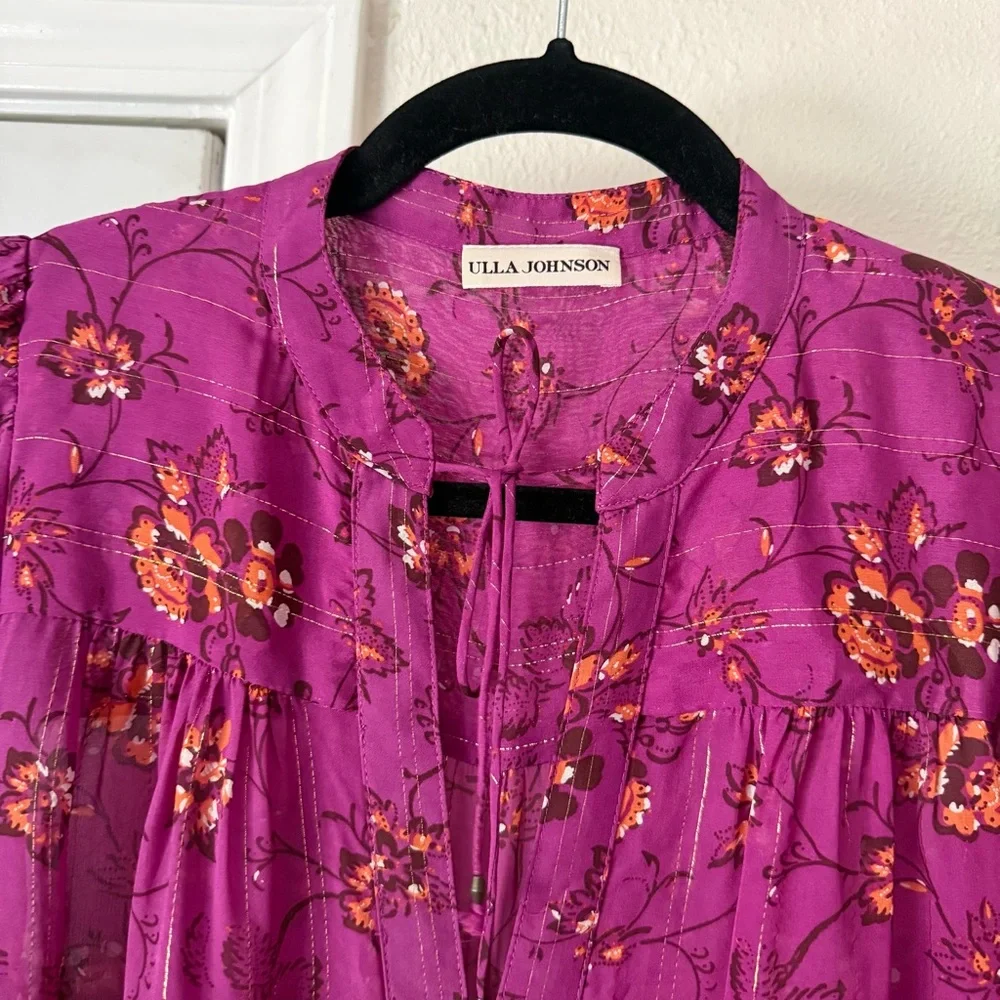 ULLA JOHNSON magenta‎ purple floral silk puff long sleeve blouse shirt top